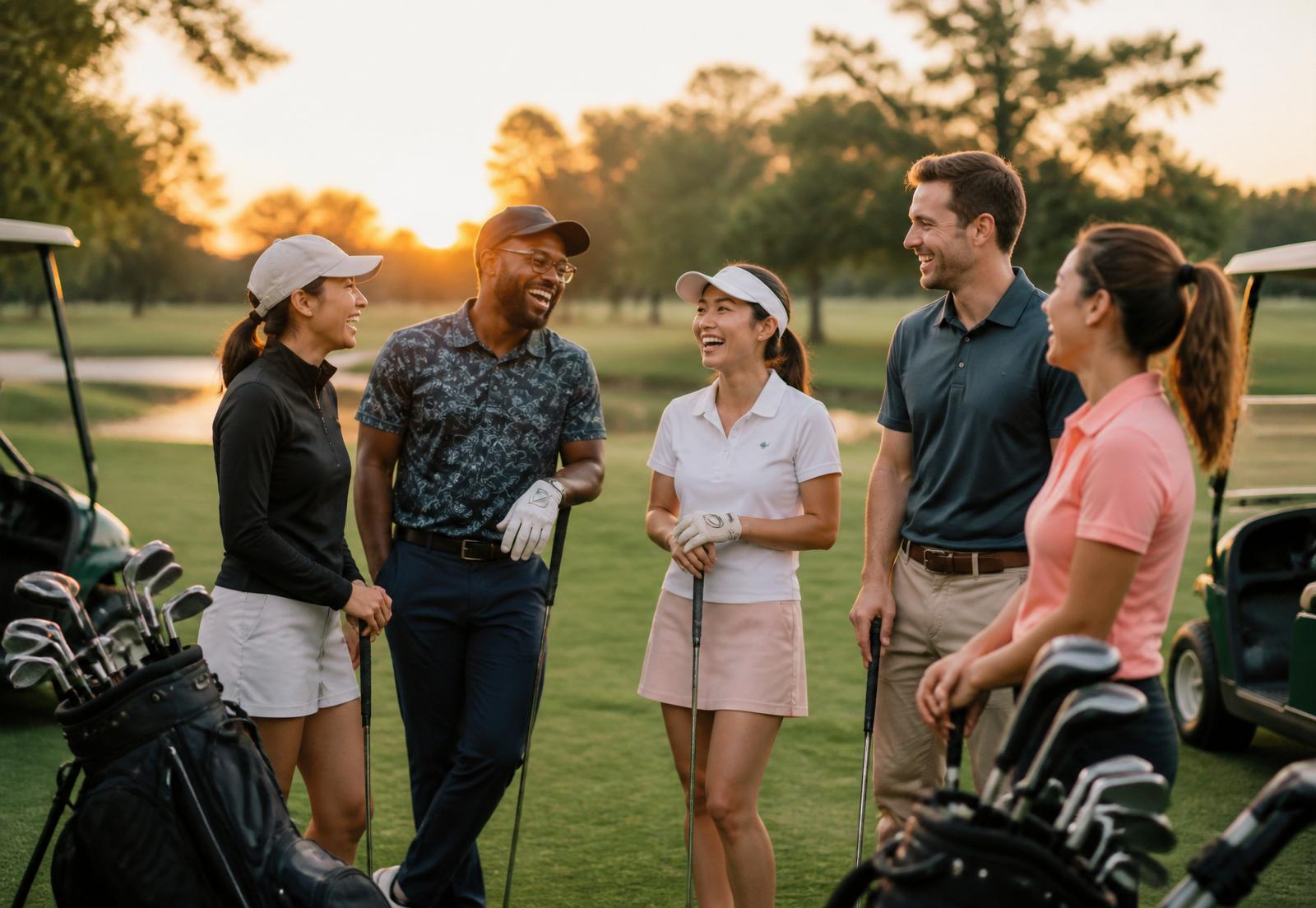Friends laughing together on a golf course at sunset