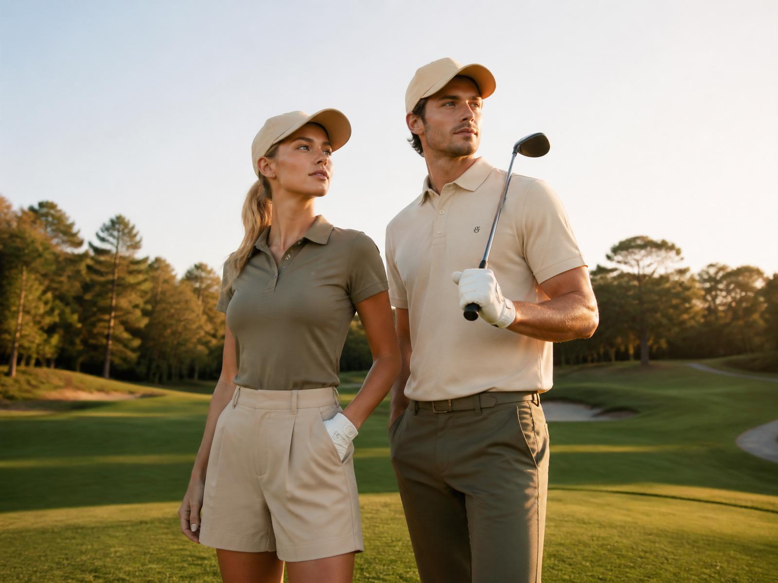 Two golfers on a fairway at golden hour