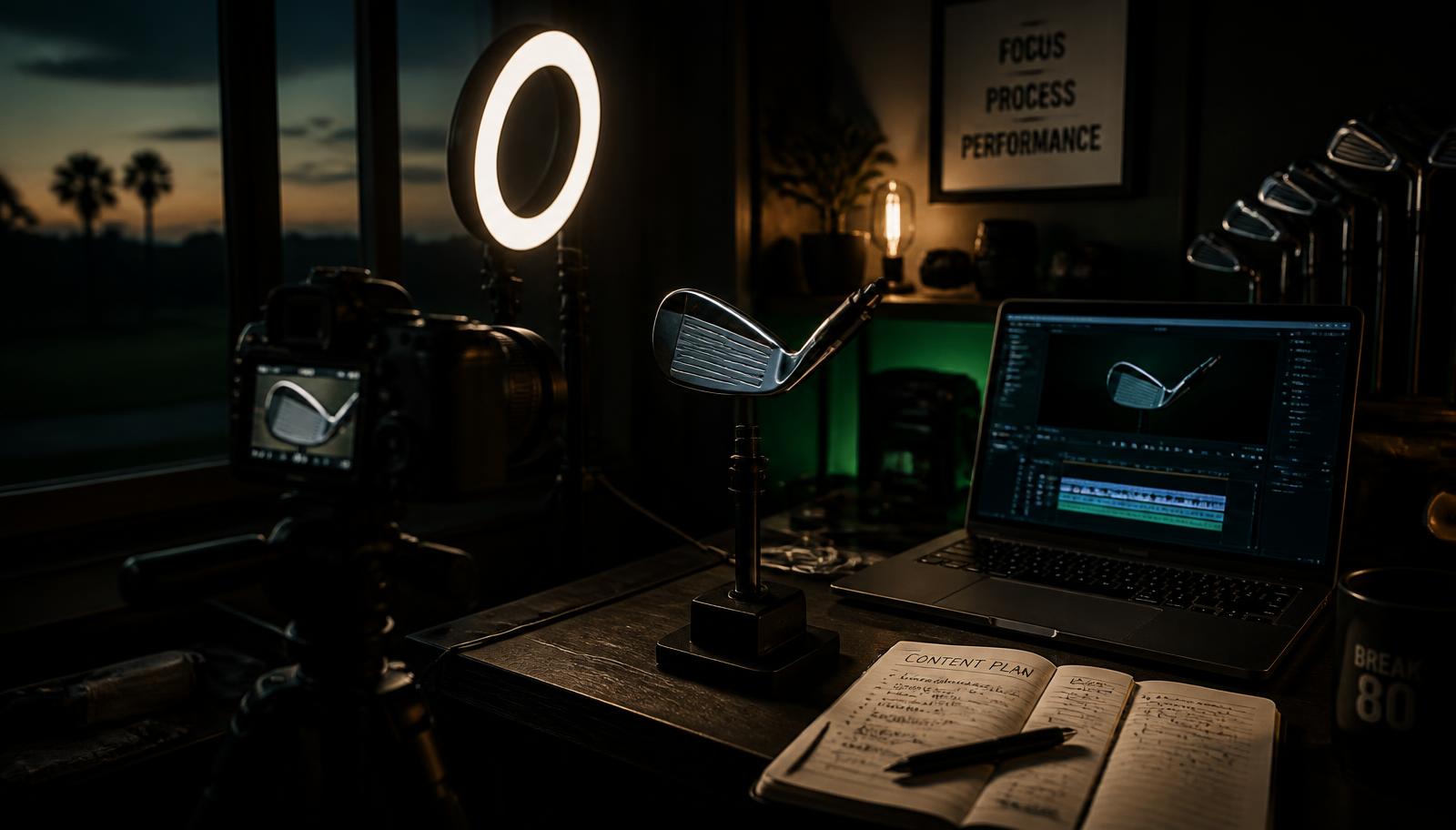 Golf content studio with camera, ring light and a club on a stand